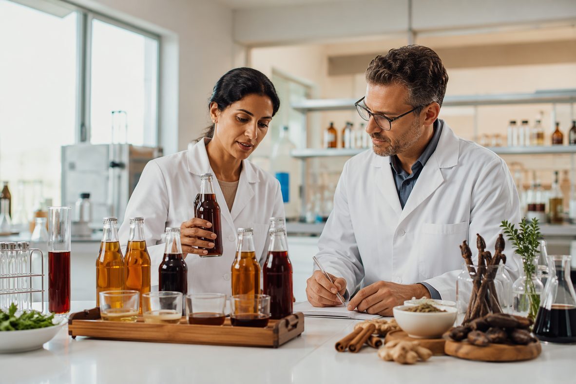 A professional beverage R&D consultation scene with natural cola ingredients and craft soda samples, representing the collaborative technical development process for small-batch soda brands.