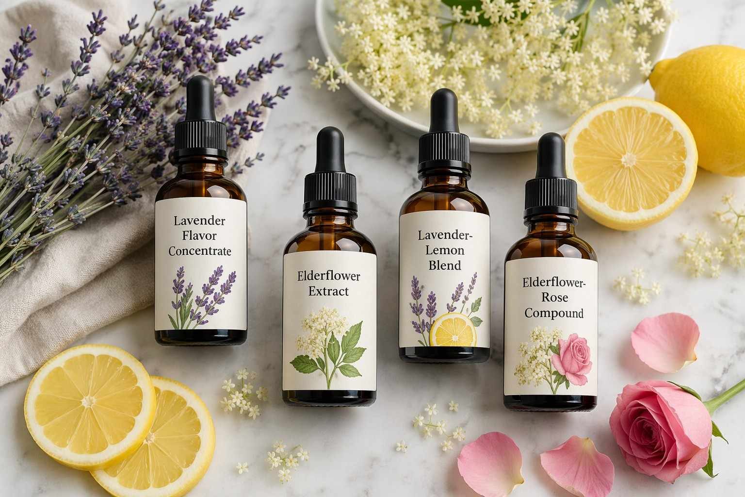 CUIGUAI Flavoring的植物性饮料风味浓缩系列——无樟脑薰衣草、热酯醇稳定接骨木花、薰衣草柠檬混合、接骨木花玫瑰——在白色大理石上展示新鲜植物材。面向全球B2B食品与饮料OEM供应，提供完整分析资料与稳定性数据。