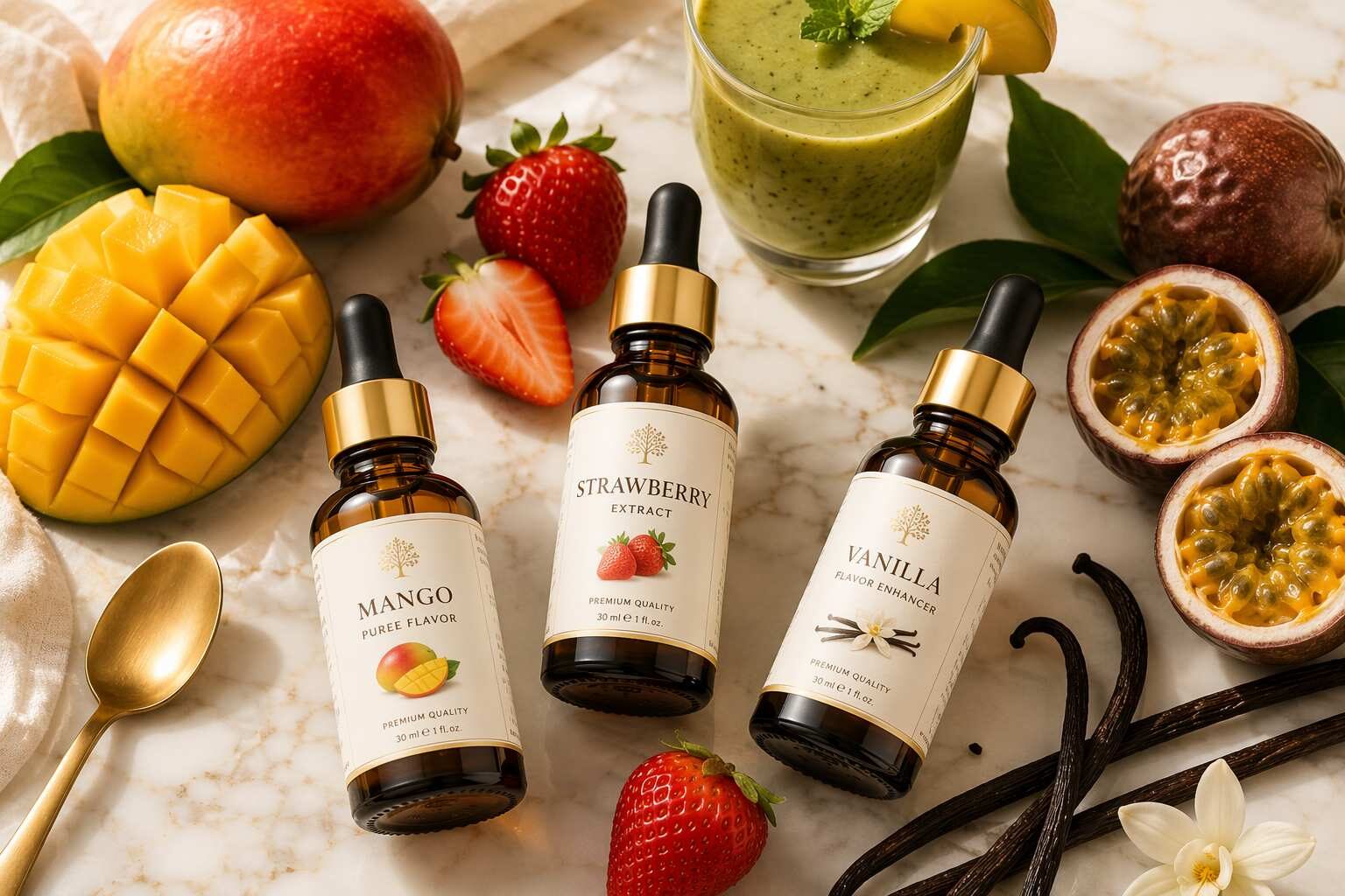 CUIGUAI Flavoring's premium smoothie flavor extract collection: natural mango top-note extract, strawberry flavor concentrate, and vanilla base-note enhancer for puree-based smoothie layering. Manufactured in Guangdong, China with full regulatory documentation.