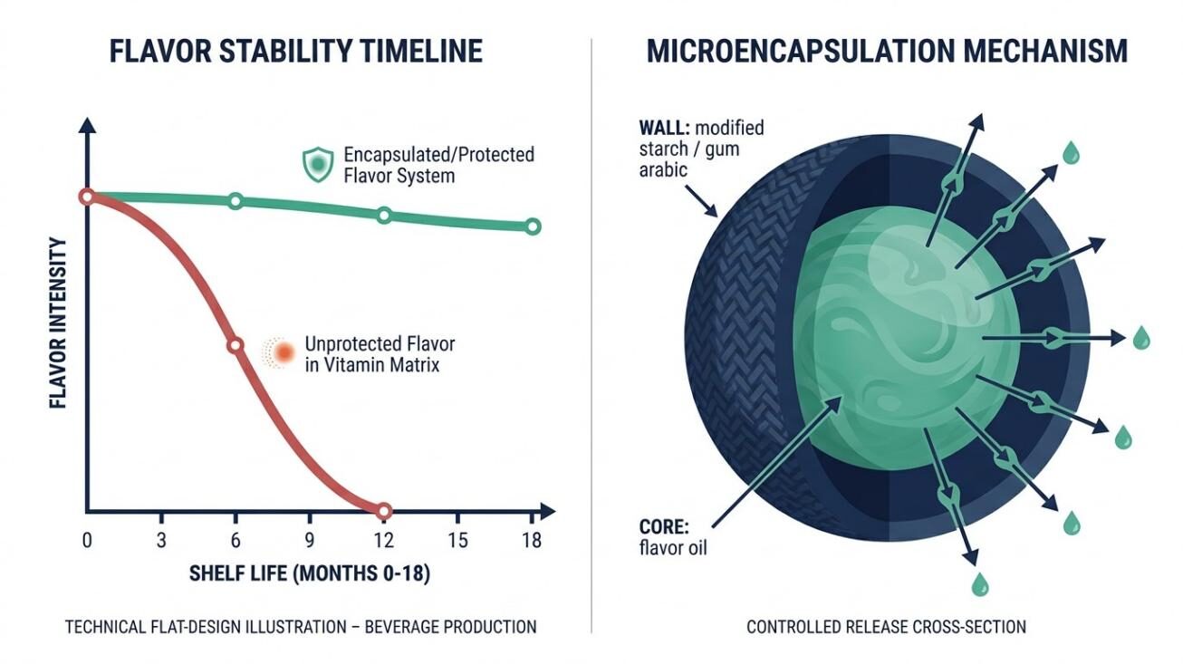 Un diagramme technique à deux panneaux montrant les courbes d'intensité de saveur en fonction de la durée de conservation (non protégée ou encapsulée) pour l'eau enrichie en vitamines, ainsi qu'une coupe transversale de gouttelettes d'arôme microencapsulées montrant le mécanisme de libération contrôlée - tiré du guide de stabilité de la formulation de CUIGUAI Flavoring.