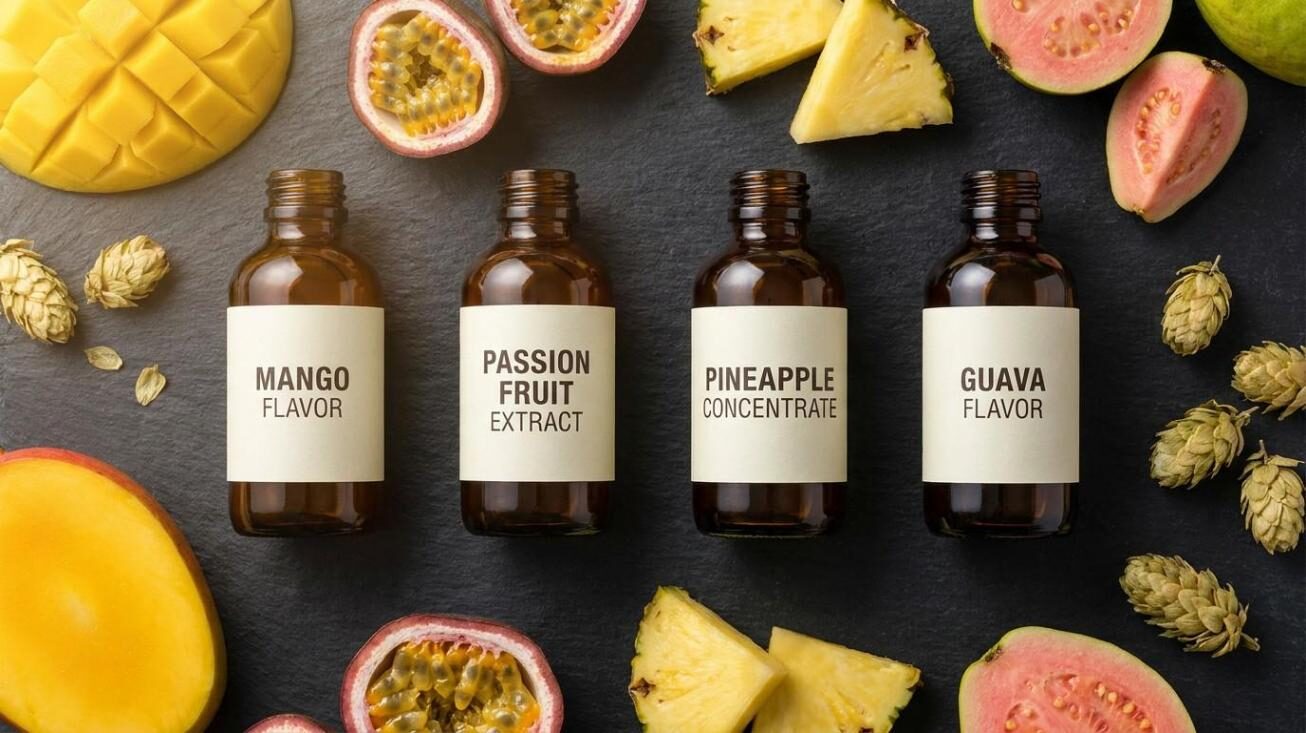 CUIGUAI Flavoring 的热带水果浓缩口味系列——芒果、百香果、菠萝和番石榴——搭配新鲜水果和深色石板啤酒花球果。适用于全球 B2B 精酿啤酒厂和饮料 OEM 应用，提供 GC-MS 验证和完整的监管文档。
