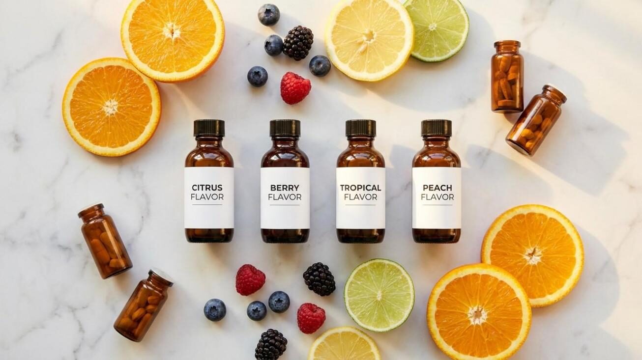 Gamme de concentrés d'arômes de boissons CUIGUAI Flavoring pour eau enrichie en vitamines — agrumes, baies, tropicales et pêche — entourée de fruits frais et de bouteilles de suppléments sur une surface en marbre propre. Disponible pour l’approvisionnement OEM B2B dans le monde entier avec une documentation de validation de stabilité.