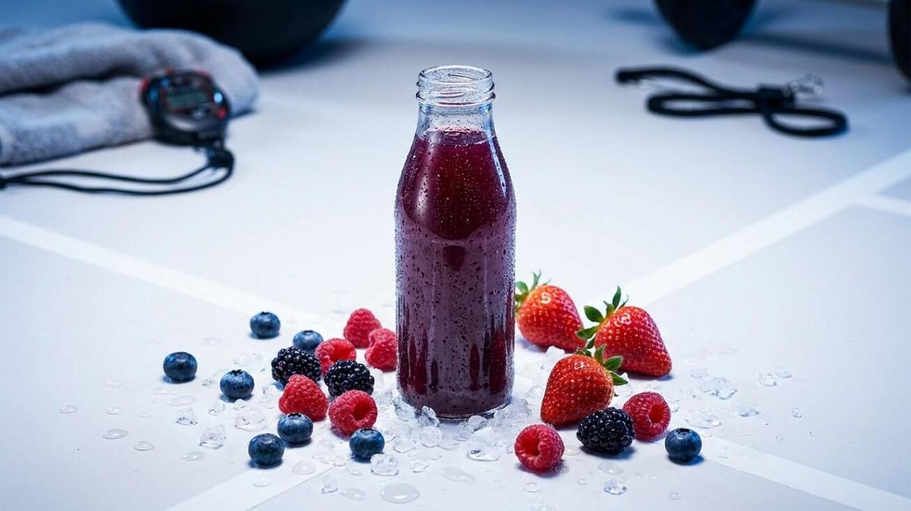 A berry-purple isotonic sports drink bottle surrounded by fresh blueberries, raspberries, strawberries, and blackberries with ice — hero image for CUIGUAI Flavoring's technical guide on innovating isotonic sports drinks with natural berry flavors.