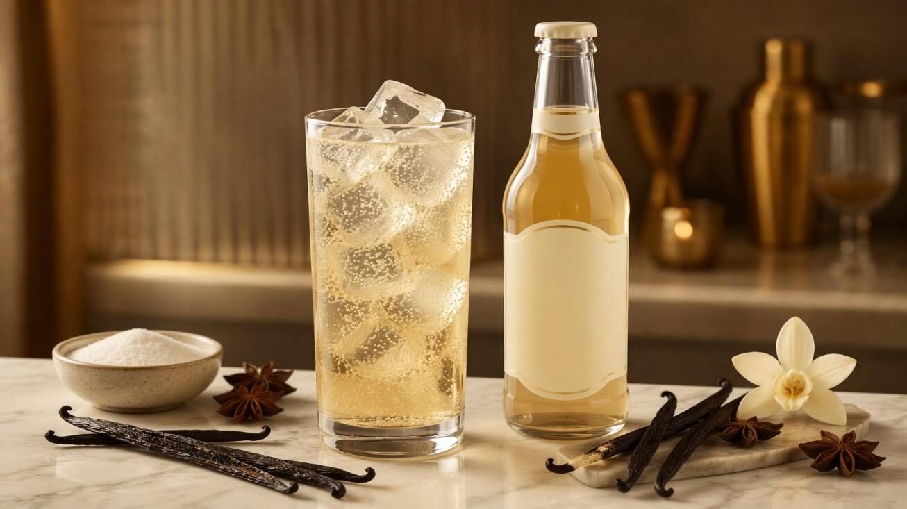 A premium editorial image of a tall golden cream soda glass with fresh vanilla pods and carbonation bubbles on white marble — hero image for CUIGUAI Flavoring's technical guide on the resurgence of cream soda and modern flavor innovations for food and beverage manufacturers.