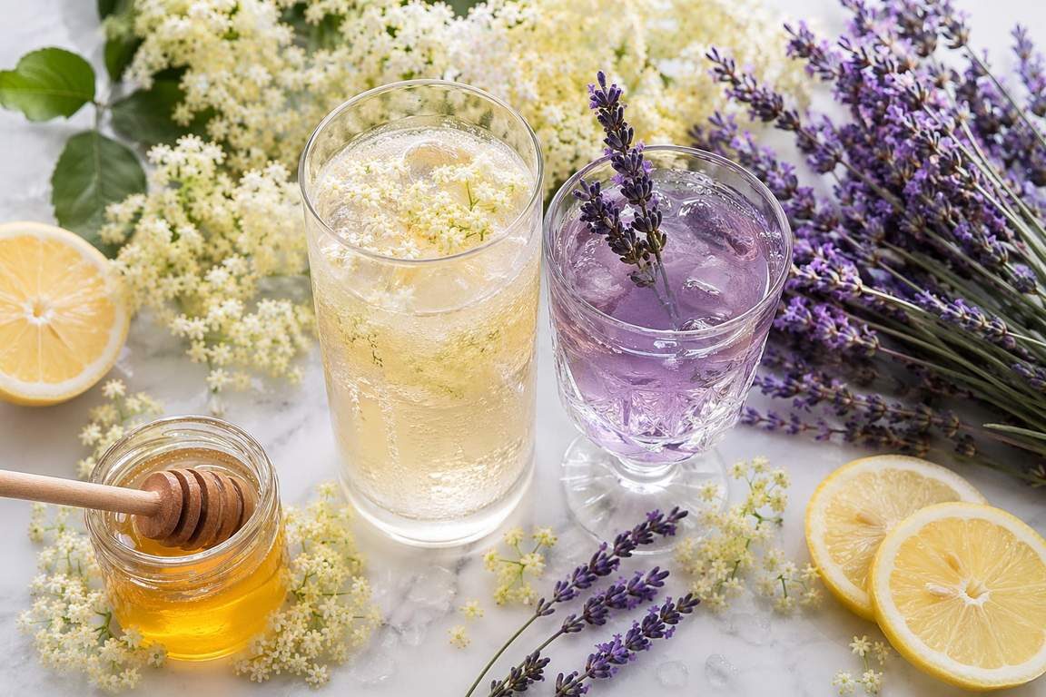 A premium editorial flat-lay of lavender lemonade and elderflower sparkling water with fresh botanicals on white marble — hero image for CUIGUAI Flavoring's technical guide on using lavender and elderflower effectively in food and beverage flavour formulation.