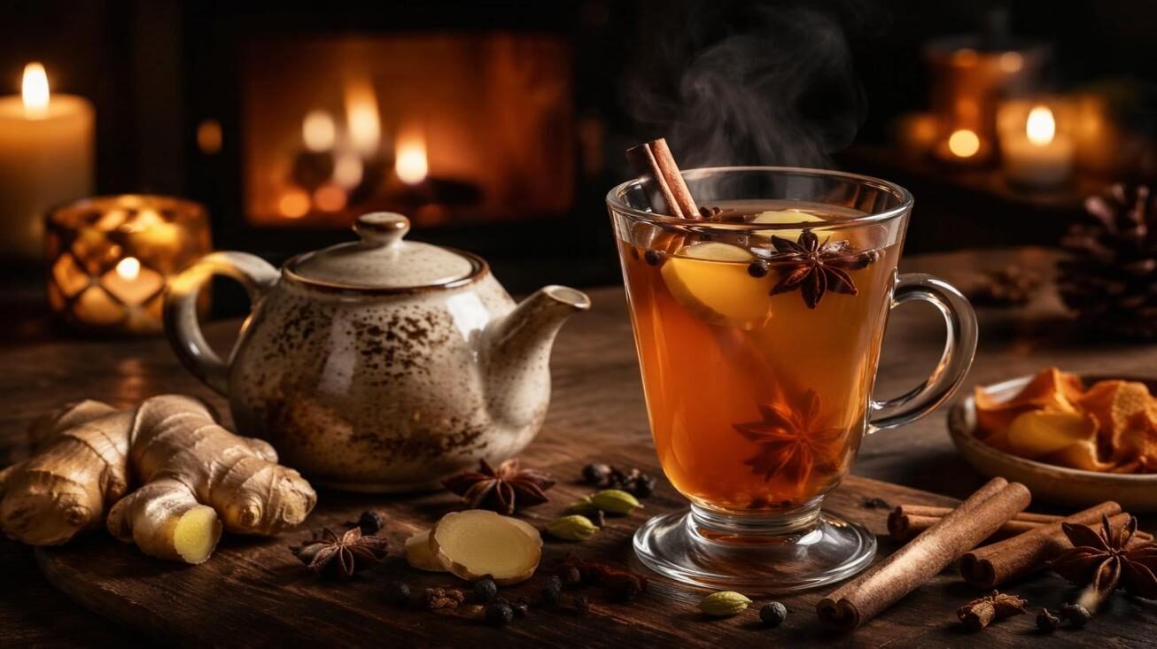A premium steaming ginger spice tea mug with cinnamon sticks, star anise, and cardamom in a cozy winter setting — hero image for CUIGUAI Flavoring's technical guide on creating warming sensations in winter beverages through ginger and spice flavor chemistry.