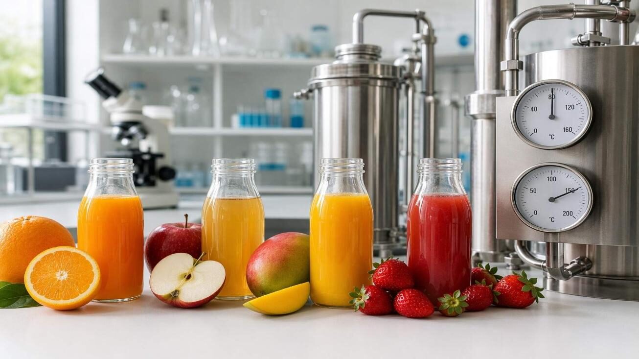 Fresh fruit juices in clear glass bottles beside stainless steel pasteurization equipment with temperature gauges — hero image for CUIGUAI Flavoring's technical analysis of how pasteurization impacts fruit flavor volatiles in commercially processed juices.