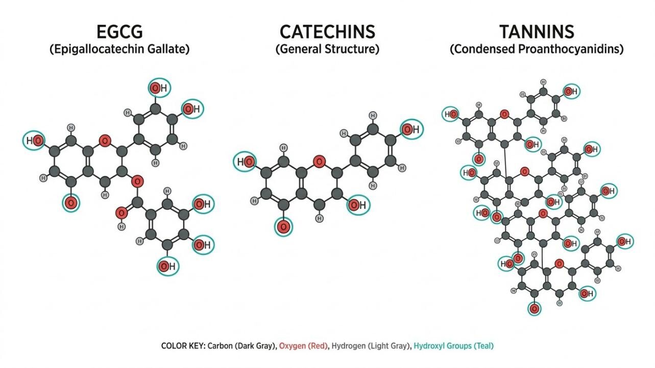 A scientific flat-design illustration of EGCG and catechin molecular structures, with the galloyl ester group highlighted. This image supports the technical article on tea extract chemistry for iced tea flavor formulation.