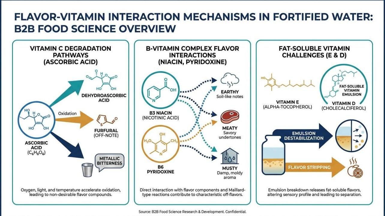 A three-panel scientific infographic showing vitamin-flavor interaction mechanisms in fortified water — Vitamin C oxidation to furfural (left), B-vitamin off-note generation (center), and fat-soluble vitamin emulsion destabilization (right) — from CUIGUAI Flavoring's technical flavor stability guide.