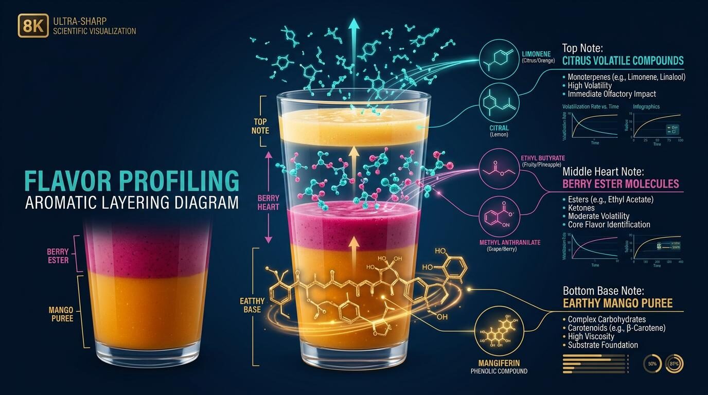 Scientific visualization of the three-layer flavor architecture in smoothies: top note volatile compounds, heart note puree body, and base note lingering complexity. Essential guide for beverage formulators developing premium layered smoothie flavor profiles.