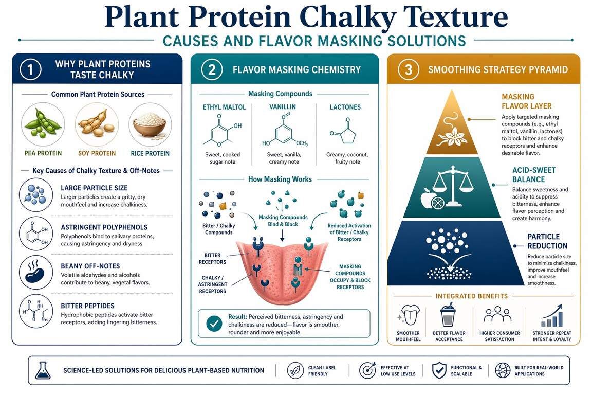 A three-panel scientific infographic showing the causes of chalky texture in plant protein shakes (particle size, polyphenols, beany volatiles) and the corresponding flavor masking solutions (particle reduction, acid-sweet balance, masking flavor pyramid) — from CUIGUAI Flavoring's plant protein flavor guide.