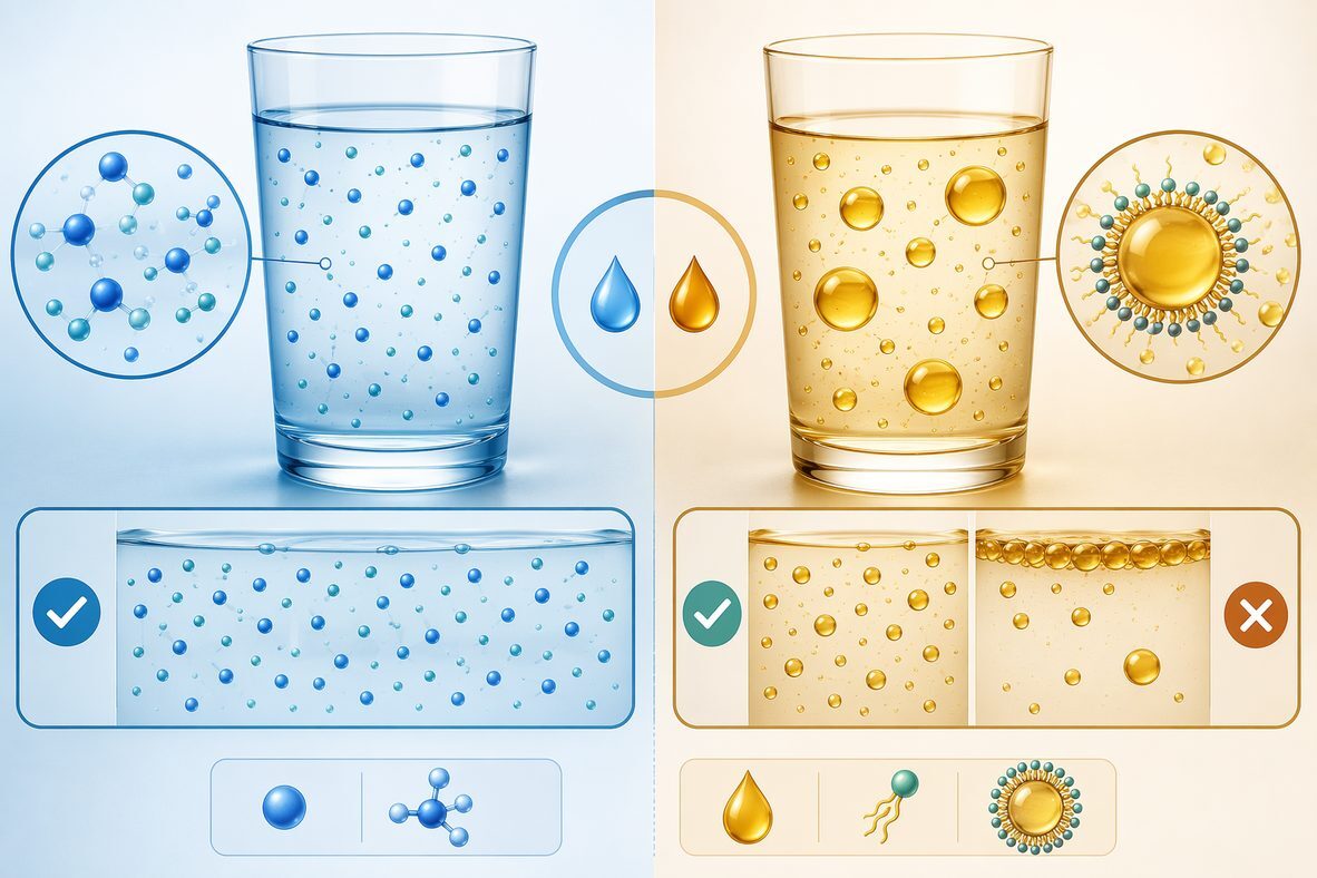 A scientific comparison illustration showing water-soluble flavor molecules in true solution versus oil-soluble flavors delivered as emulsifier-stabilized oil-in-water droplets in beverages.