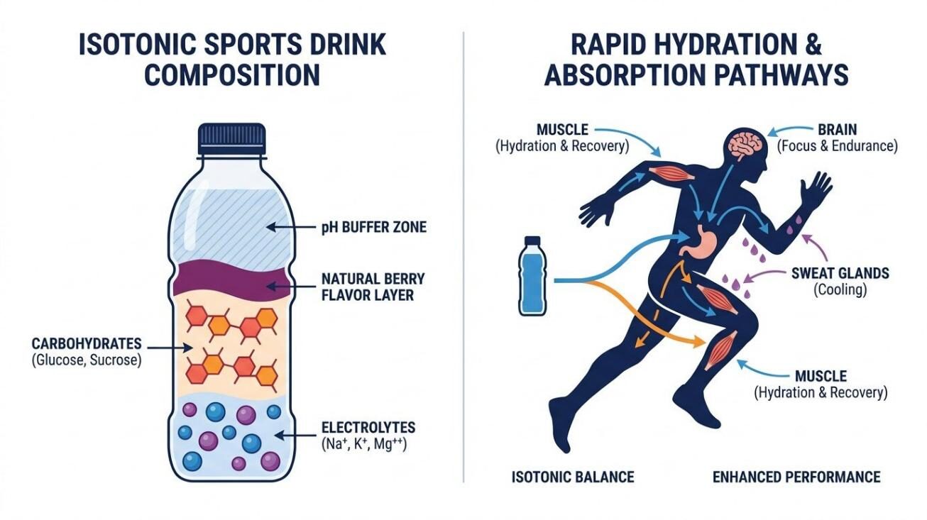 A split-panel technical illustration showing isotonic sports drink components (electrolytes, carbohydrates, natural berry flavor, pH buffer) and their rapid absorption pathway in an athlete — supporting CUIGUAI Flavoring's technical guide on innovating sports drinks with natural berry flavors.