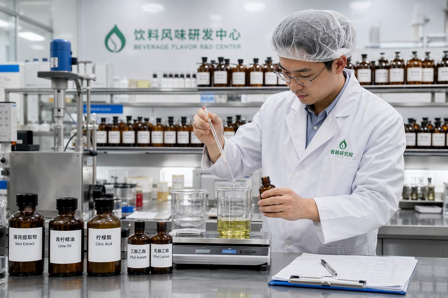 Inside CUIGUAI Flavoring's professional beverage flavor R&D laboratory. Development of precision mint and lime concentrate systems for RTD mojito cocktail formulation, serving global beverage manufacturers.