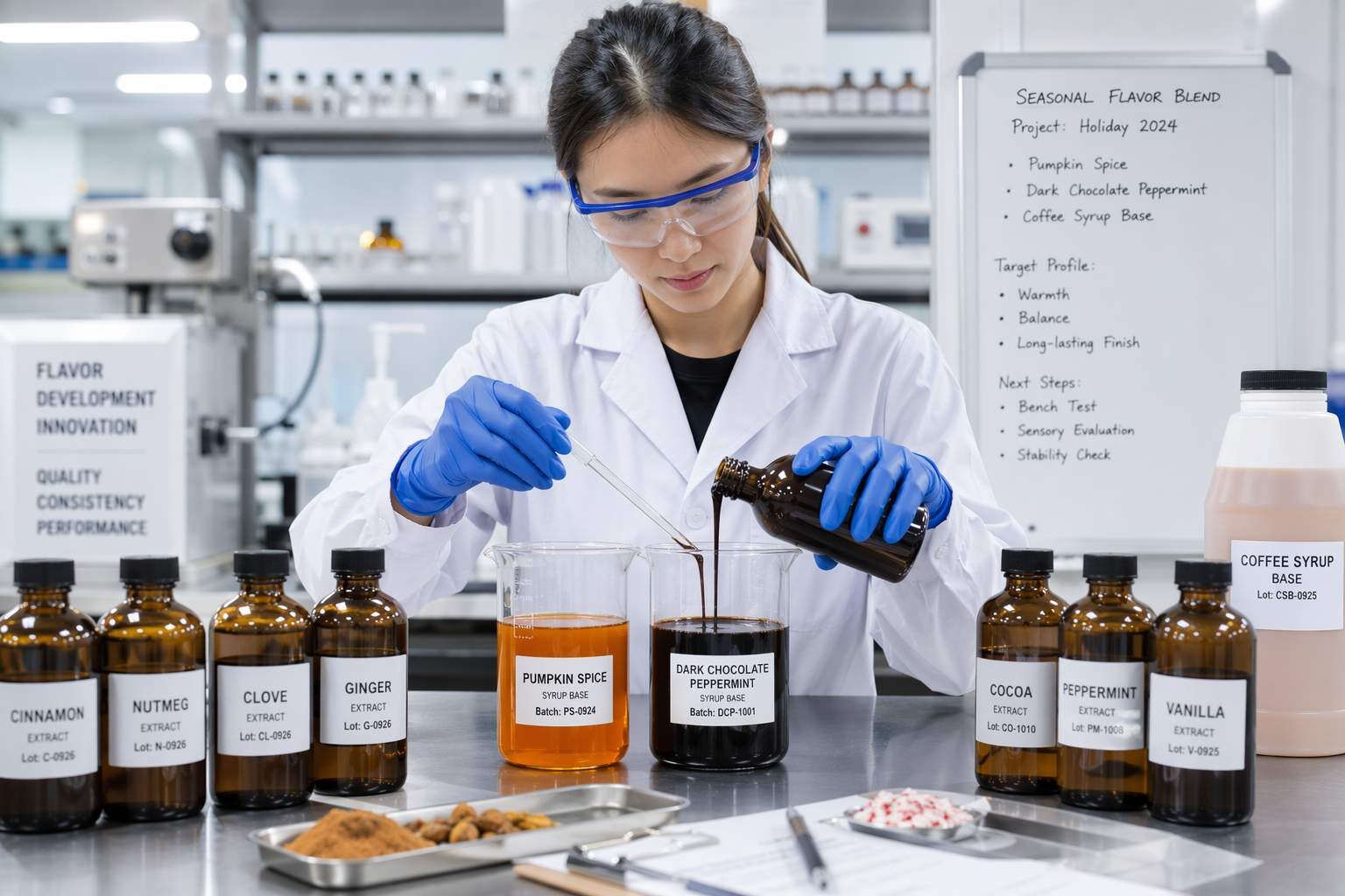 Inside CUIGUAI Flavoring's professional food flavor R&D laboratory in Guangdong, China. Development of seasonal coffee syrup flavor concentrates including pumpkin spice and peppermint mocha for global foodservice and retail brands.