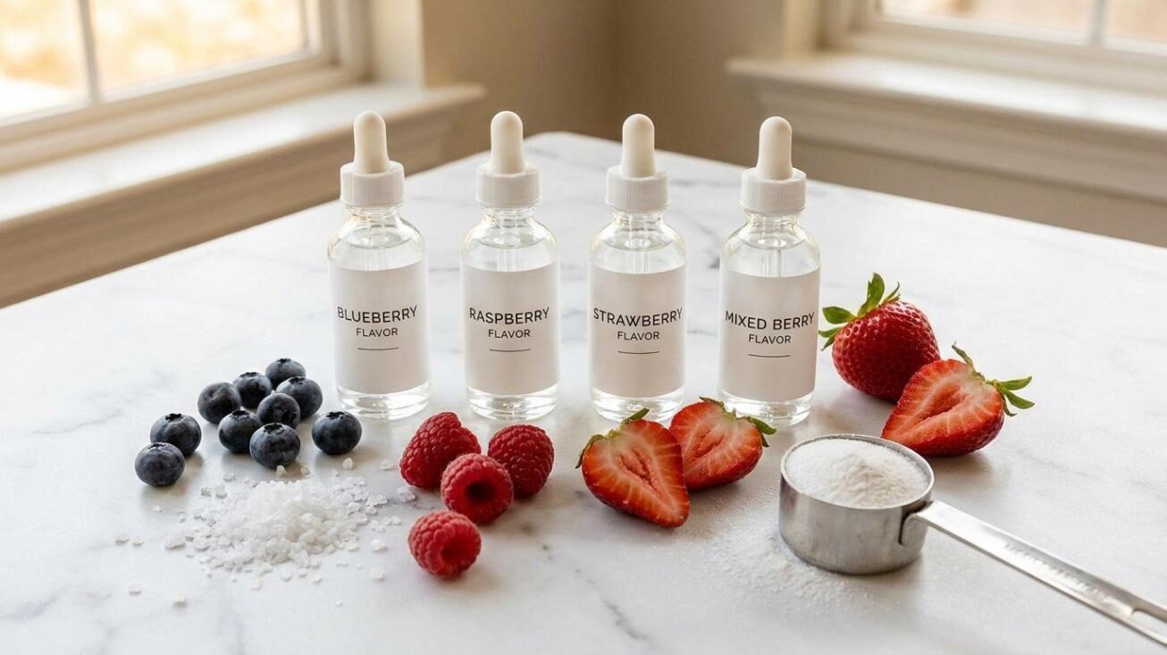 CUIGUAI Flavoring's natural berry flavor concentrate lineup for isotonic sports drinks — Blueberry, Raspberry, Strawberry, and Mixed Berry — surrounded by fresh berries and electrolyte crystals on white marble. Available for global B2B OEM supply with full matrix validation and regulatory documentation.