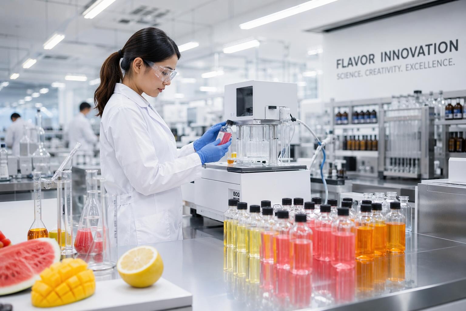Inside CUIGUAI Flavoring's professional beverage flavor R&D laboratory in Guangdong, China. Specialized development and production of flavor concentrates for electrolyte powders, sports drinks, and functional hydration products.