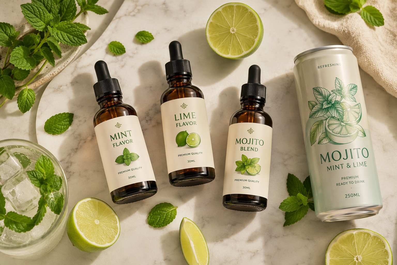 CUIGUAI Flavoring's premium mint and lime flavor concentrate collection for RTD mojito cocktail formulation. Natural spearmint concentrate (carvone-standardized) and lime flavor (citral-standardized) manufactured in Guangdong, China.