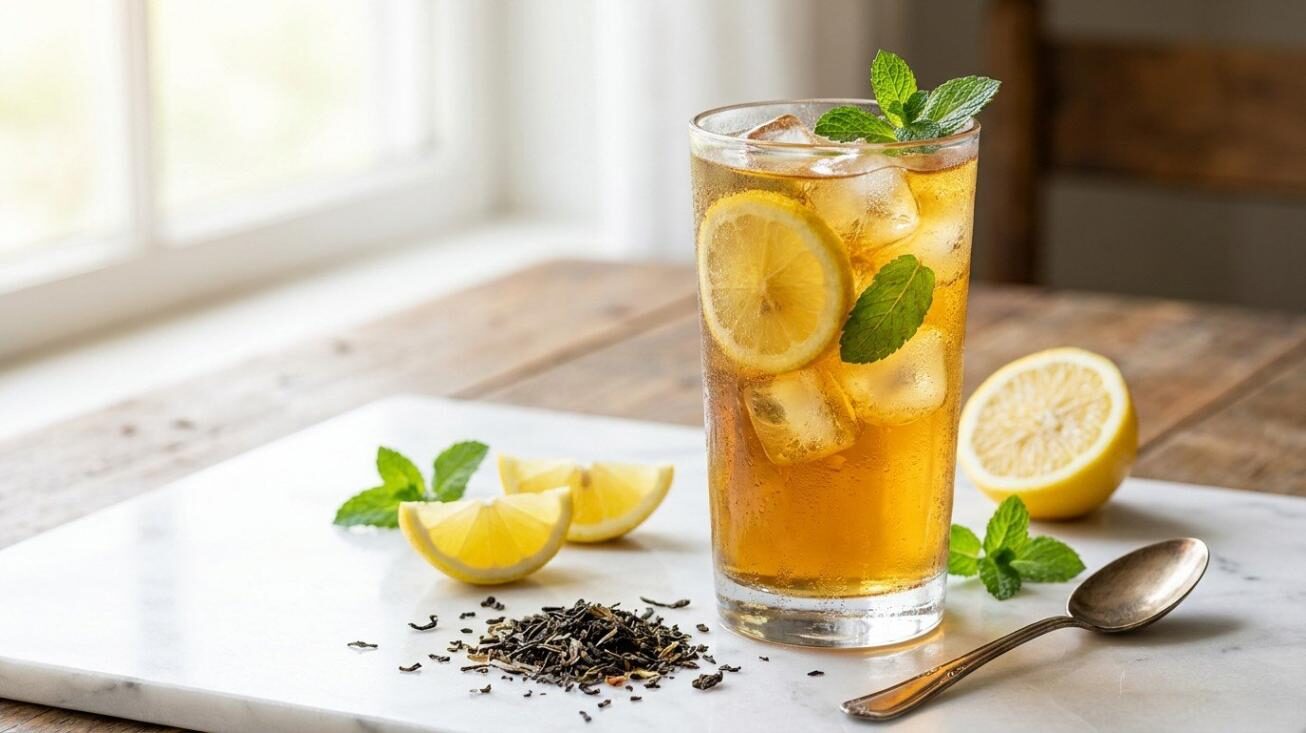 A premium editorial photo of a golden-amber iced tea glass with lemon and fresh tea leaves — illustrating the beverage flavor science explored in this technical article by CUIGUAI Flavoring.