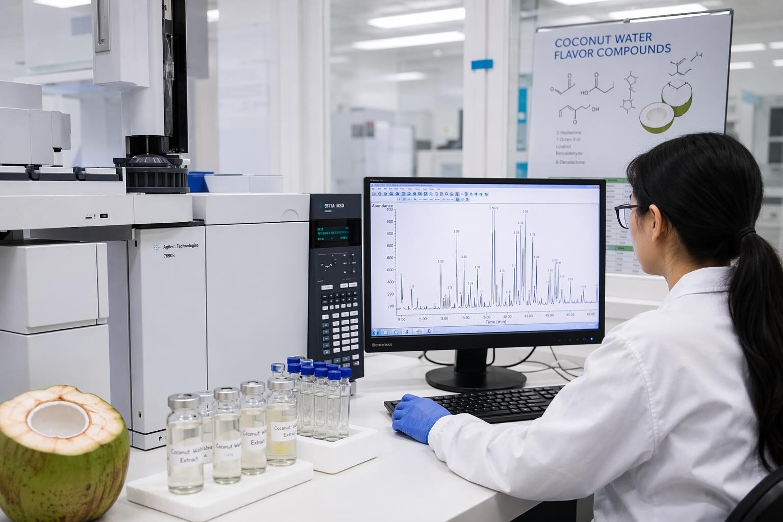 Analyse en laboratoire des composés aromatiques de l'eau de coco : identification GC-MS des lactones, des aldéhydes et des composés volatils indicateurs de fraîcheur utilisés dans le contrôle qualité pour la production de boissons à l'eau de coco de longue conservation.