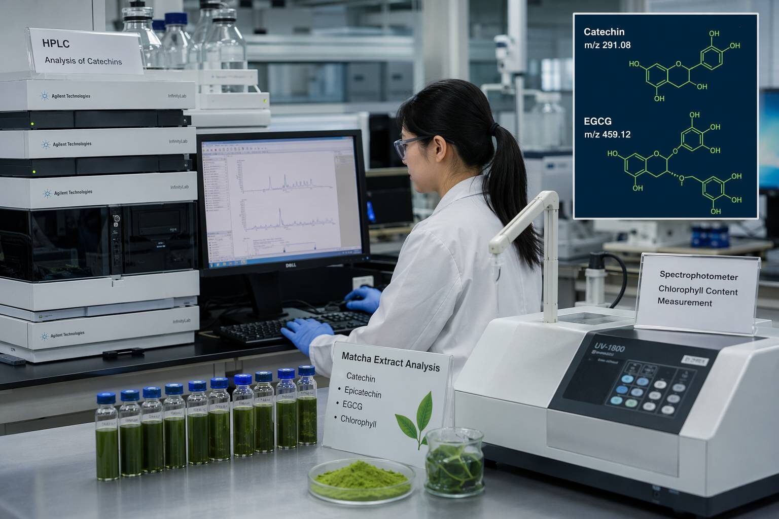 التحليل المختبري لمركبات النكهة النشطة الرئيسية في ماتشا: تحديد ملامح الكاتشين HPLC، وتقدير EGCG، وقياس الكلوروفيل، وتحليل L-theanine لمراقبة جودة نكهات الماتشا المستخدمة في تطبيقات الأغذية والمشروبات.
