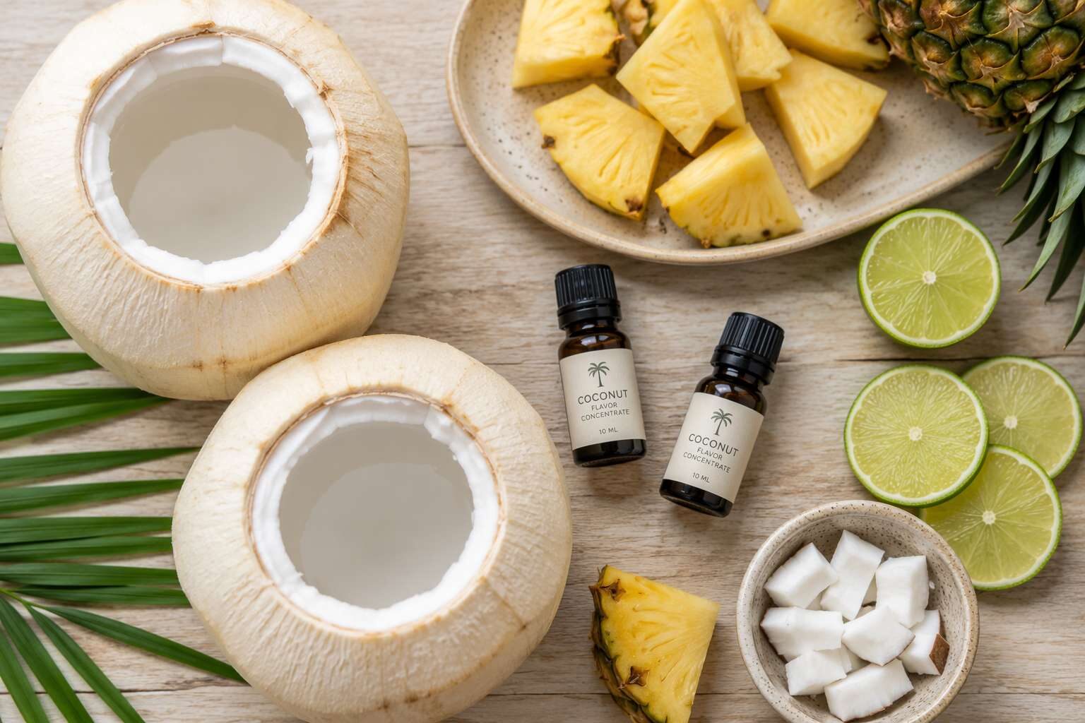 Ingrédients aromatiques clés pour améliorer la fraîcheur de l'eau de coco : jeunes noix de coco fraîches, concentrés d'arômes de noix de coco et ingrédients d'association de fruits tropicaux utilisés dans le développement d'arômes authentiques de boissons à l'eau de coco de longue conservation.