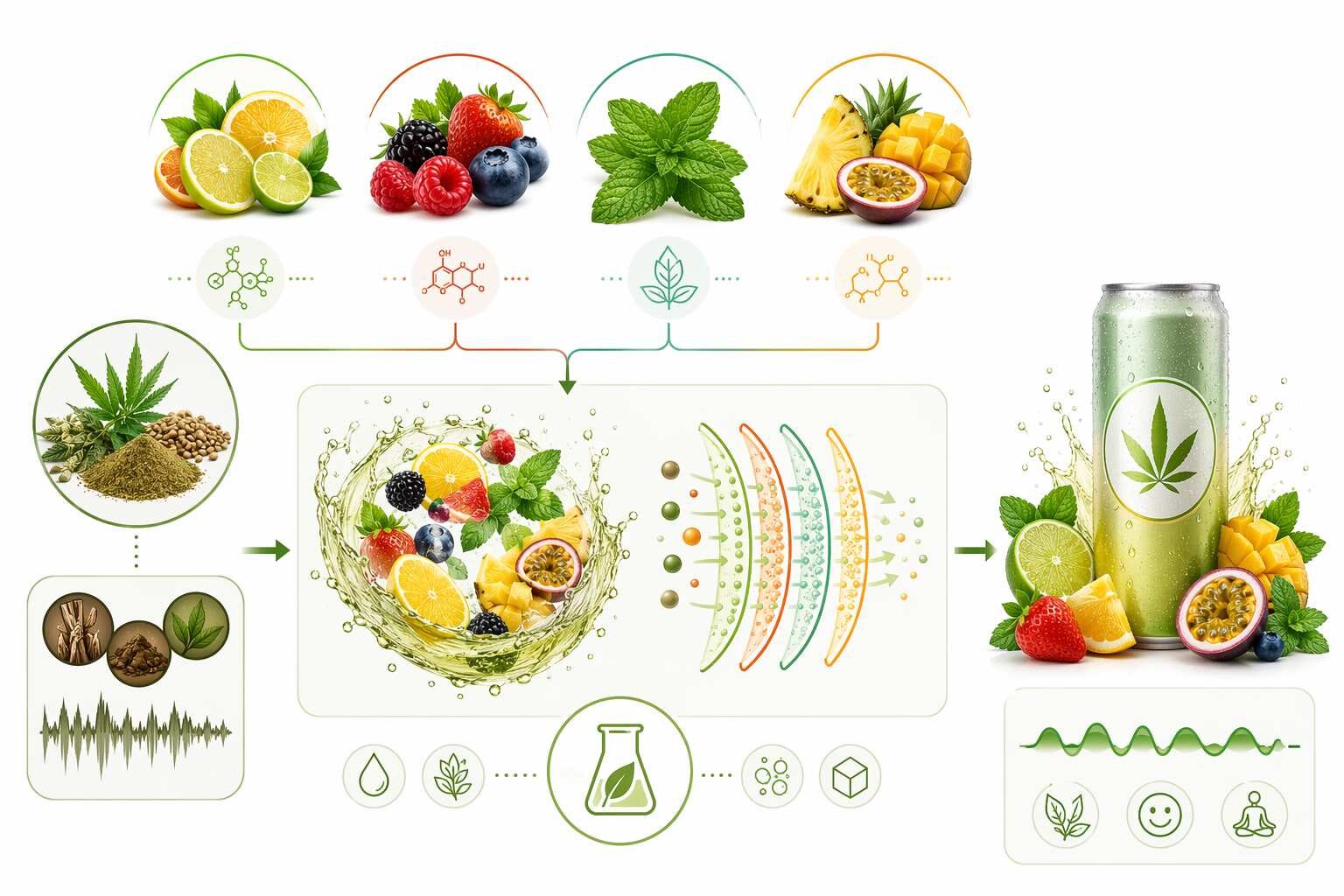 A professional visualization of the four primary CBD beverage terpene masking strategies — concentration reduction, flavor bridging (using shared terpenes), competitive aroma suppression, and molecular encapsulation — showing how natural flavor concentrates create sensory override of earthy hemp notes to produce mainstream-palatable CBD beverages.