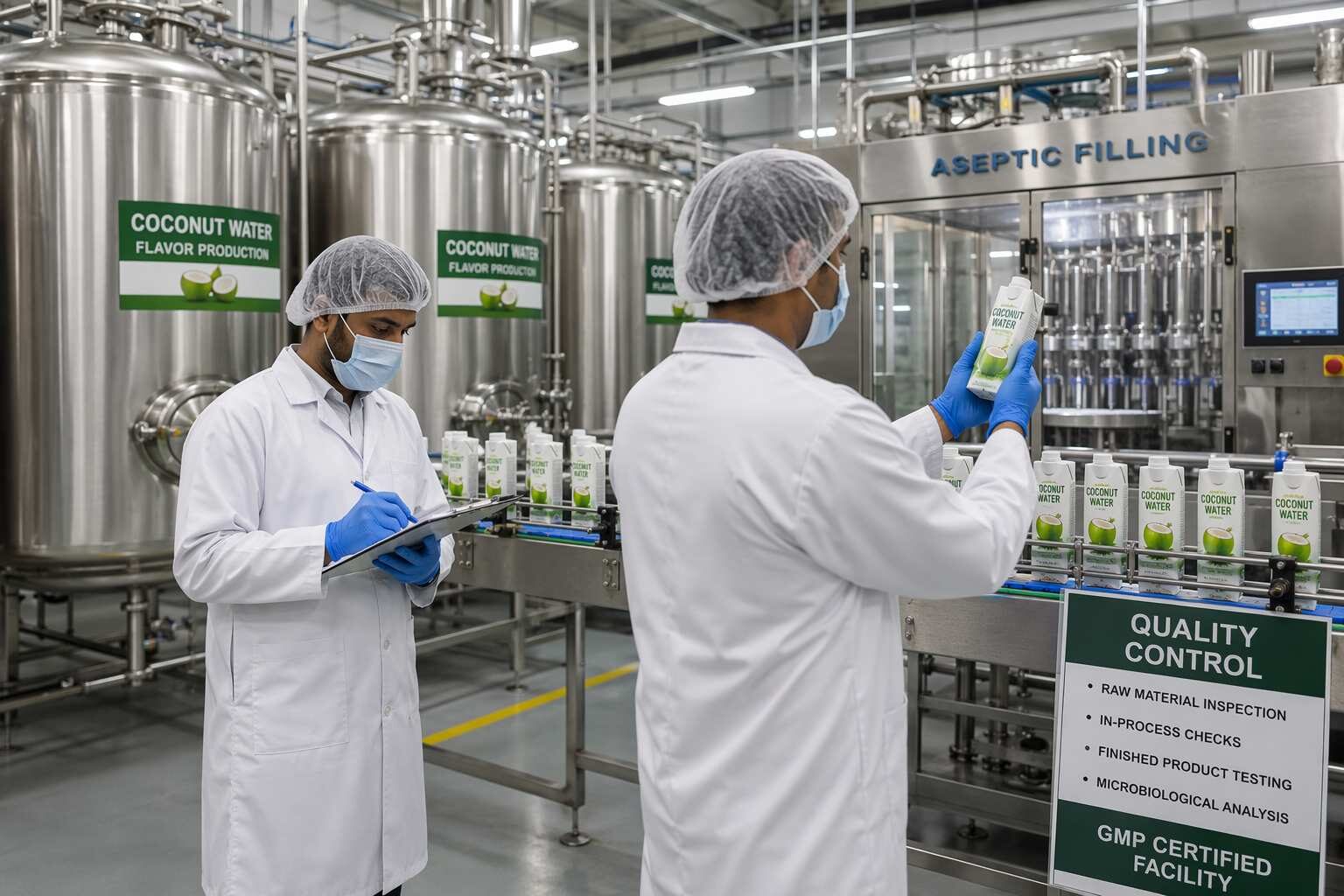 Installation de fabrication professionnelle certifiée GMP produisant des concentrés d'arômes d'eau de coco et des systèmes d'arômes de restauration de fraîcheur pour les producteurs de boissons à base d'eau de coco de longue conservation dans le monde entier.