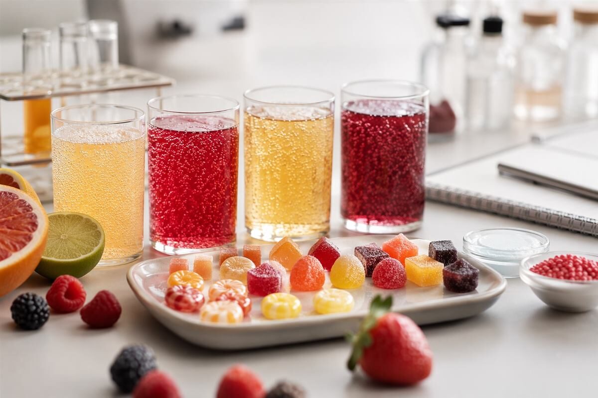 Finished soda and candy prototypes show the outcome of a structured fizzy flavor-development process.