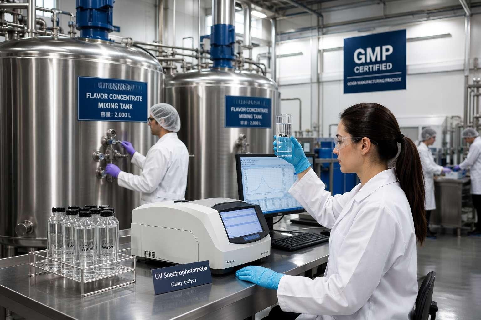 داخل منشأة تصنيع النكهات المعتمدة من GMP والتي تنتج مركزات نكهة الفواكه القابلة للذوبان في الماء لتطبيقات المياه البروتينية الواضحة - بدءًا من المزج وحتى اختبار مراقبة الجودة لمنتجي مشروبات التغذية الرياضية في جميع أنحاء العالم.
