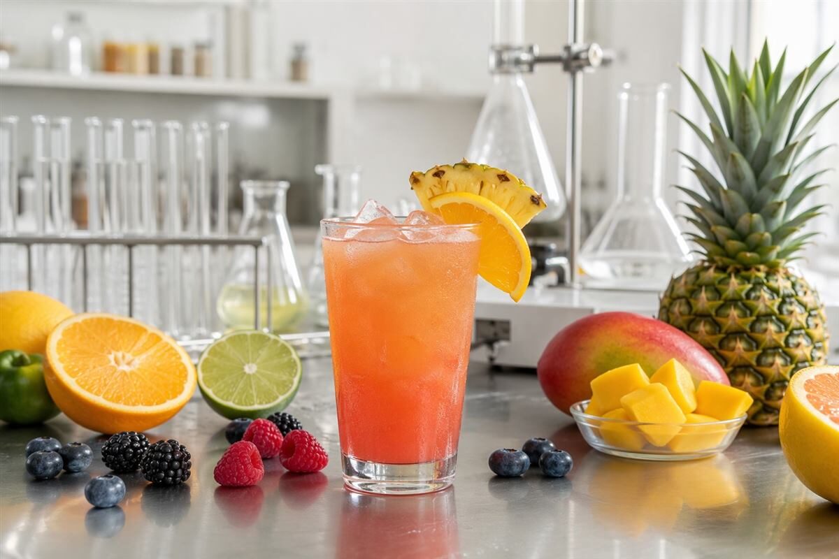 A technical fruit-punch flavor development scene showing how beverage profiles are built through balanced fruit notes and controlled formulation.