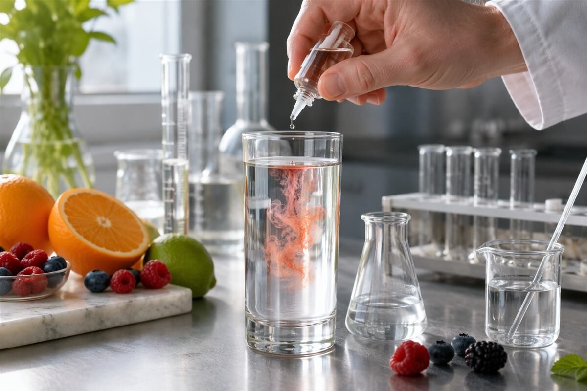 A laboratory drop test demonstrates controlled flavor dosing into clear water with fresh fruit references.