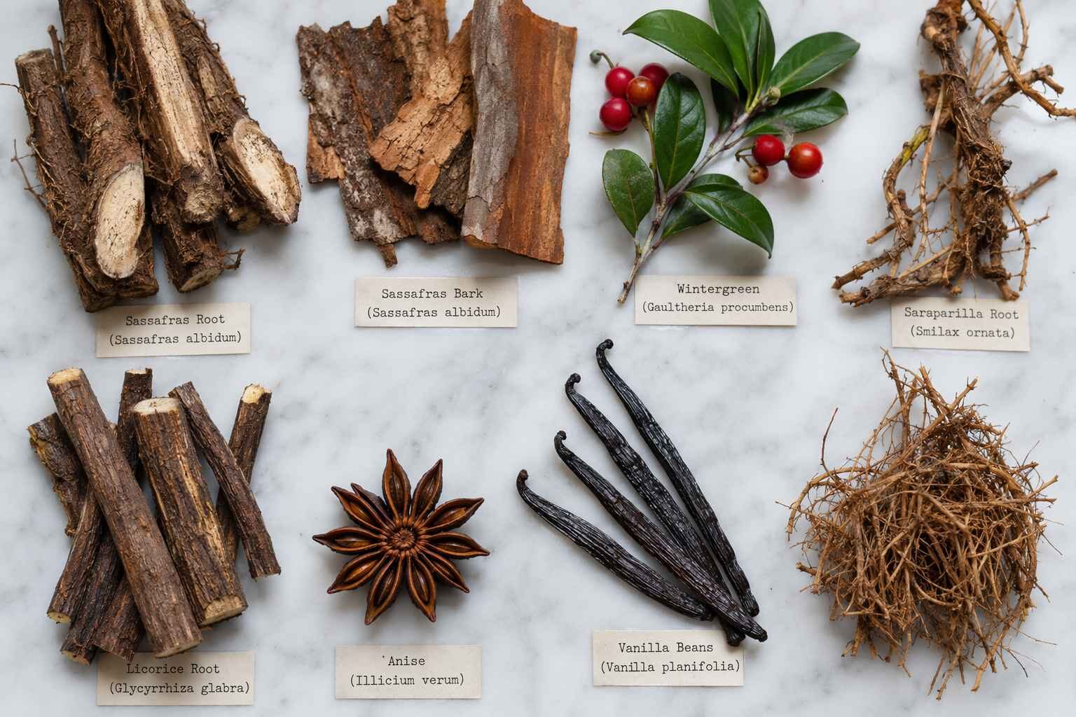 Key botanical ingredients for traditional root beer flavor: sassafras roots and bark, wintergreen leaves and berries, sarsaparilla root, licorice root, anise — the plant-derived foundation of authentic root beer character.