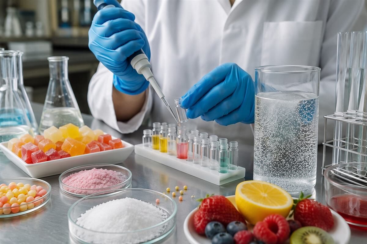 A flavor scientist evaluates fizzy flavor prototypes for carbonated beverage and candy applications through measured formulation.
