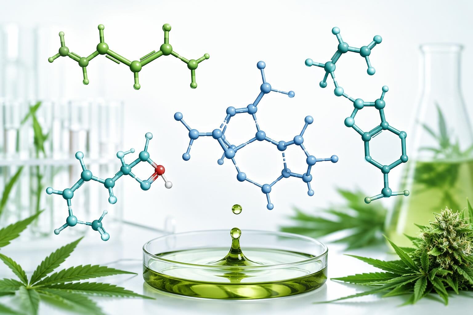 Scientific molecular visualization of the primary hemp terpene compounds responsible for the characteristic CBD beverage flavor challenge — myrcene (earthy-musky), beta-caryophyllene (spicy-woody), linalool (floral-medicinal), and limonene (citrus) — illustrating the specific aroma chemistry that natural flavor masking strategies must address in CBD beverage formulation.
