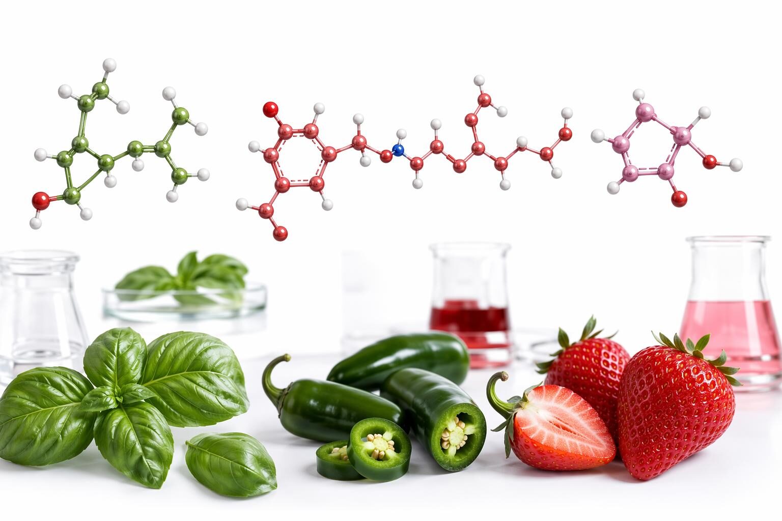 Scientific molecular visualization of the three key aroma compounds defining Lemonade 2.0 flavor innovation — linalool (basil's primary herbal floral compound), furaneol (strawberry's characteristic caramel-sweet compound, documented by ACS), and capsaicin (jalapeño's heat-generating TRPV1 activator) — illustrating the food science basis for each premium lemonade flavor profile.