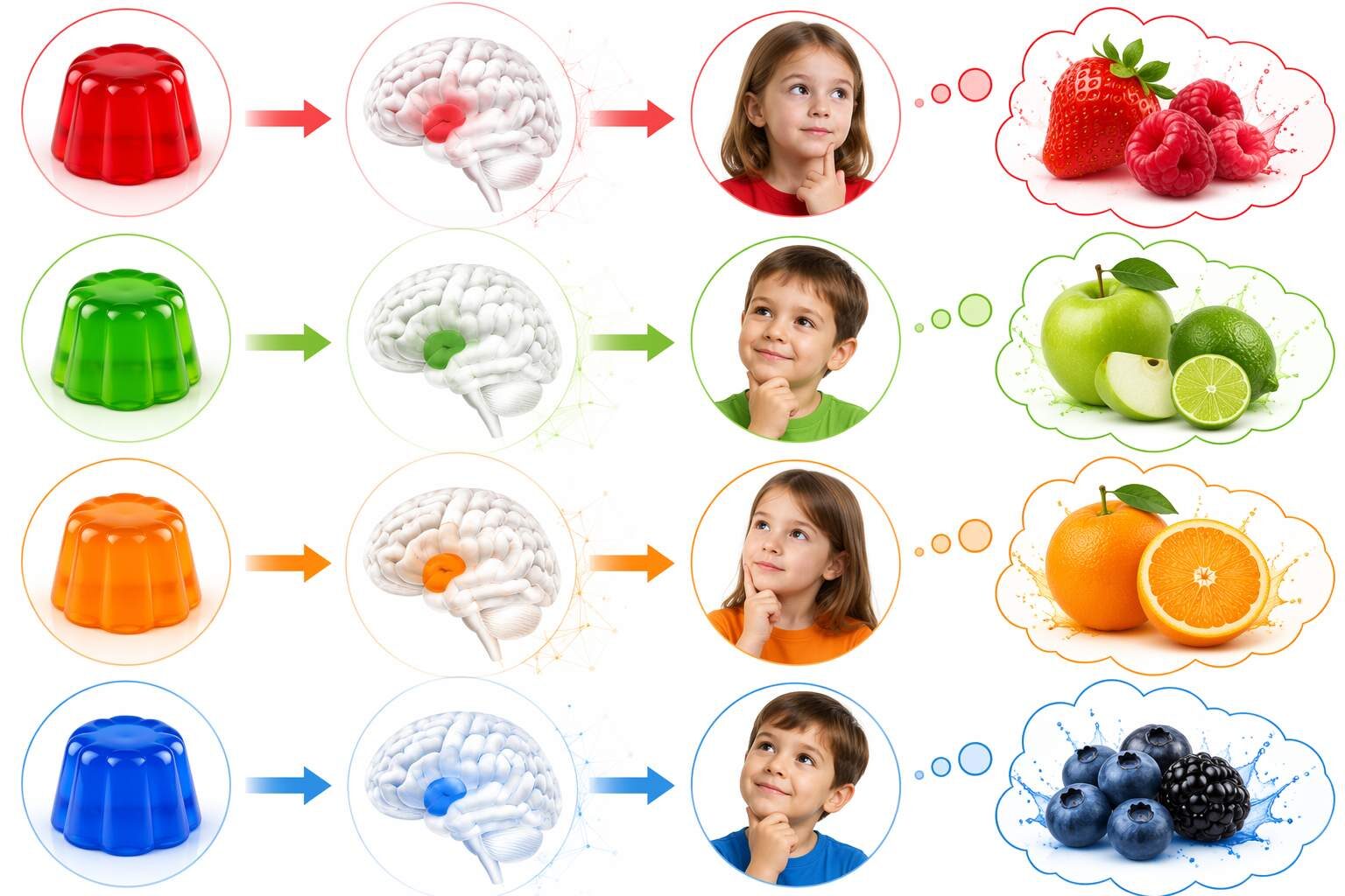 A food psychology visualization of cross-modal color-flavor expectation in children's beverages — illustrating the established color-flavor associations confirmed by University of Washington sensory research and PMC7037180: red predicts strawberry/cherry, orange predicts citrus, green predicts apple/lime, purple/blue predicts berry — showing why color-flavor congruence is essential for children's beverage formulation success.