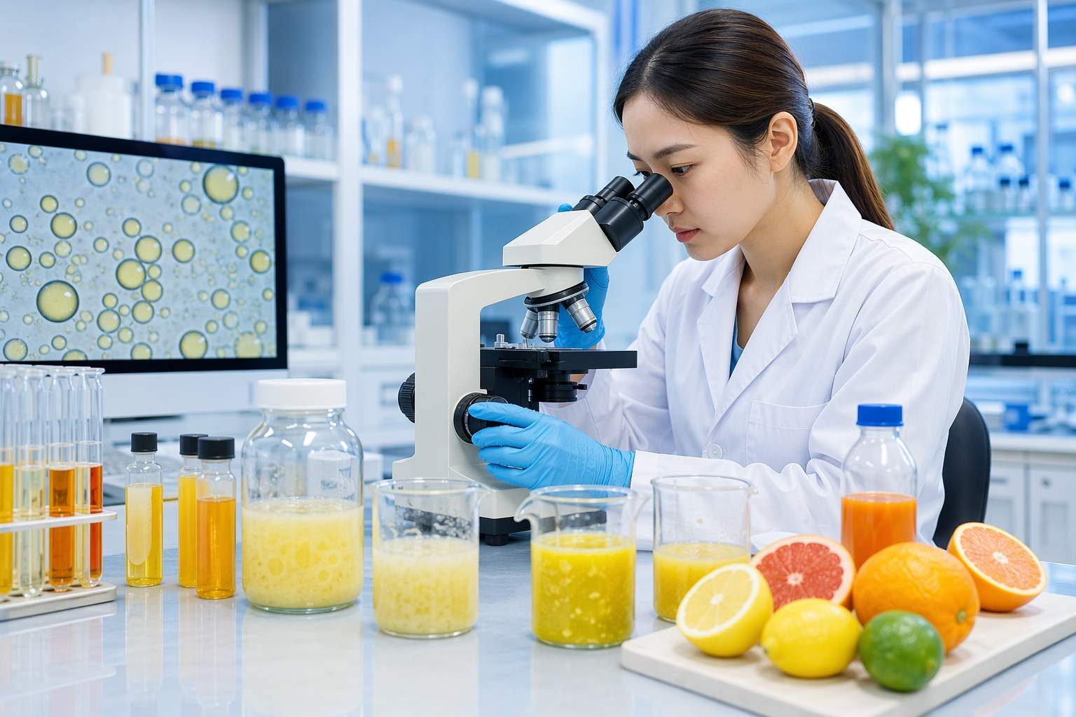 A professional food science laboratory conducting emulsion analysis for cloudy citrus beverage formulation — GC-MS and particle size analysis instruments alongside citrus flavor concentrate samples, illustrating the analytical methodology required for developing and characterizing stable oil-in-water cloud emulsions for commercial beverage production.