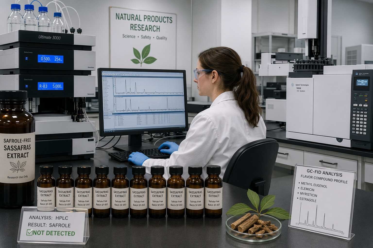 Laboratory quality control for root beer flavor: GC-MS analysis confirming safrole-free sassafras extract compliance, methyl salicylate purity testing, and botanical extract authentication for craft root beer and beverage flavor manufacturers.