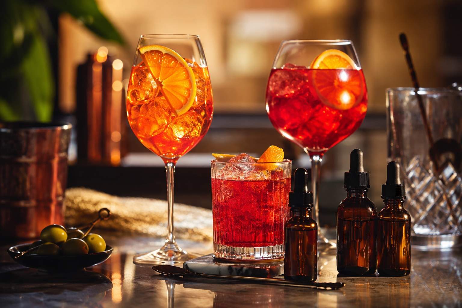 Premium amaro and bitters-style aperitif cocktails and beverages illustrating the diverse commercial applications for sophisticated botanical bitter flavor concentrates — from classic Aperol Spritz-style preparations to craft bitters in premium RTD cocktails, showing the breadth of beverage applications driving growth in the USD 14.8 billion aperitif market.