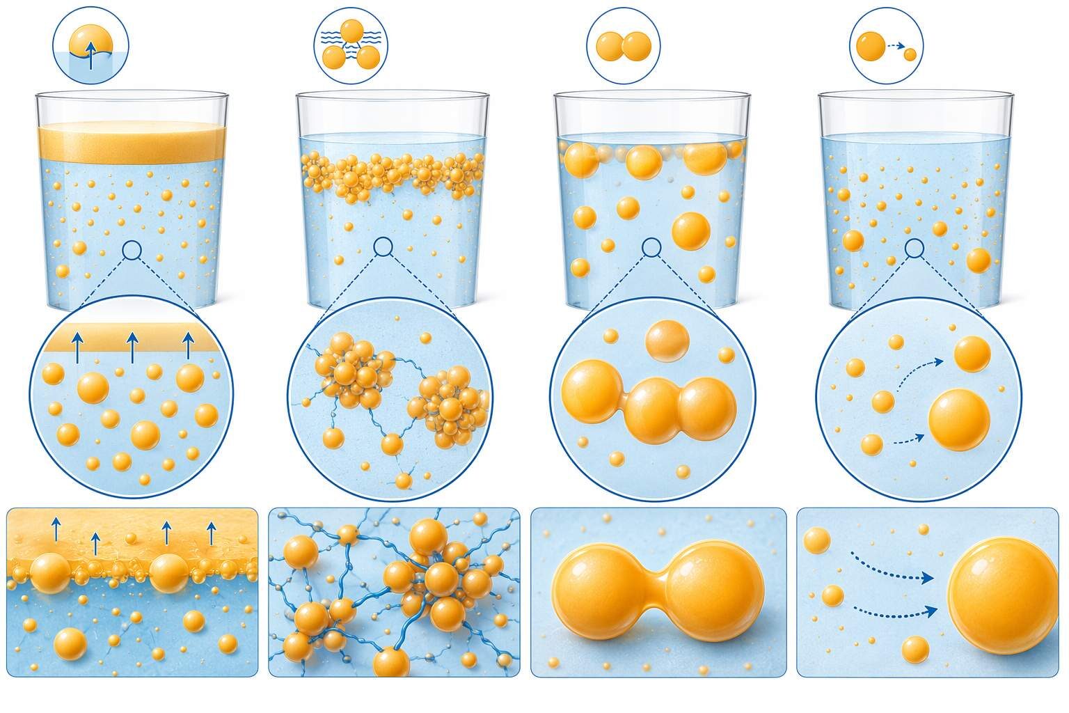 A food science visualization of the four primary mechanisms of beverage cloud emulsion destabilization — creaming (gravity-driven droplet migration), flocculation (droplet clustering), coalescence (irreversible droplet merging), and Ostwald ripening (diffusive droplet growth) — illustrating why citrus beverage cloud emulsions require specific emulsifier and stabilizer systems for commercial shelf life.