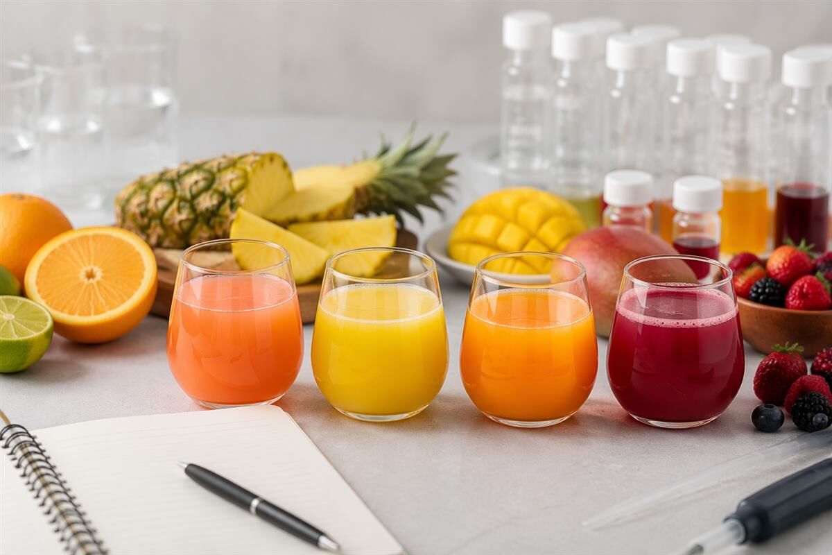 Finished fruit-punch prototypes illustrate the sensory outcome of a structured custom beverage flavor-development process.