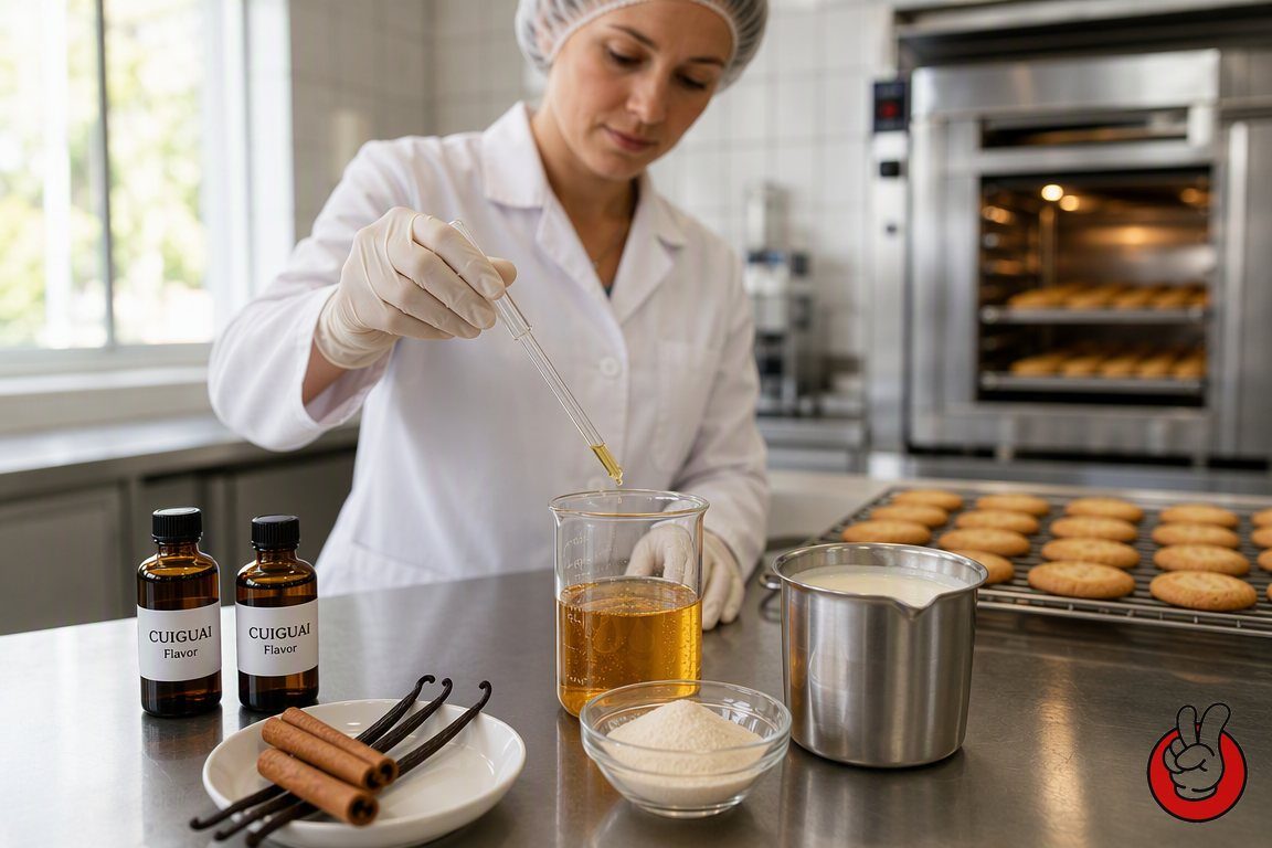 Un chimiste des arômes pipetant une émulsion de boulangerie stable à côté d'un four de boulangerie - le visuel d'ouverture du guide CUIGUAI sur le choix des émulsions et des extraits.