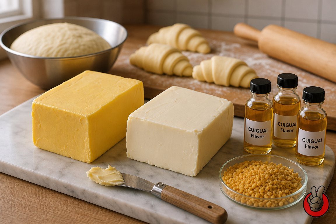 Blocs de beurre et de margarine côte à côte sur du marbre - le visuel d'ouverture du guide CUIGUAI pour recréer la saveur authentique du beurre dans les pâtisseries à base de margarine.