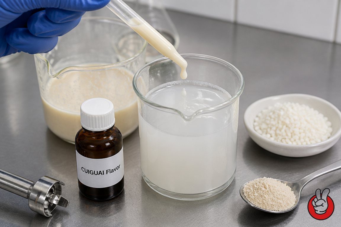 Plan macro d'une main gantée pipetant une émulsion crémeuse à saveur d'huile dans l'eau - illustrant la technologie de support thermostable derrière les arômes de boulangerie stables à la cuisson.