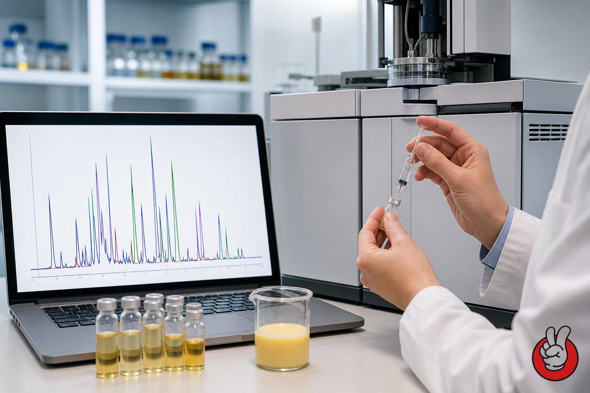 Scène de laboratoire analytique avec un chromatogramme GC-MS : montrant comment les composés aromatiques du beurre tels que le diacétyle et les acides gras sont identifiés et équilibrés dans le développement de la saveur.