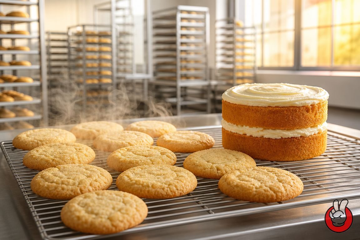 Des biscuits fraîchement sortis du four et un petit gâteau sur une grille de refroidissement : le visuel de clôture montrant les résultats de saveur constants et stables à la cuisson des systèmes de boulangerie à base d'émulsion.