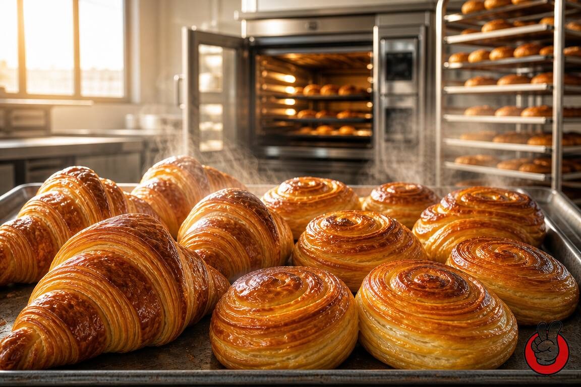 Croissants dorés et pâtisseries fraîchement sortis du four - le visuel final des systèmes d'arômes de beurre qui survivent à la cuisson à haute température dans les formules à base de margarine.