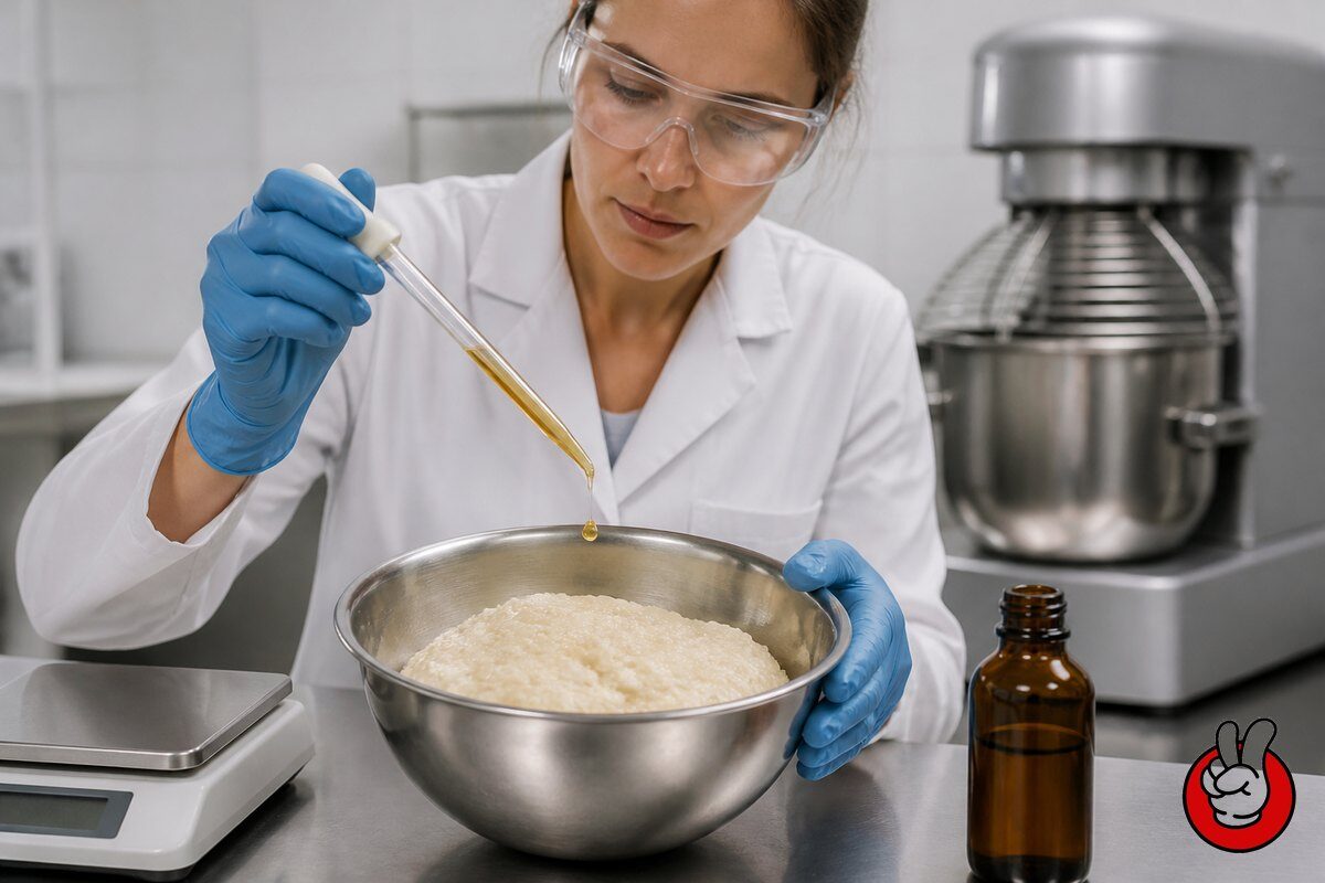 A food scientist meters a heat-stable liquid flavor concentrate into rice-flour dough during gluten-free bread trials.