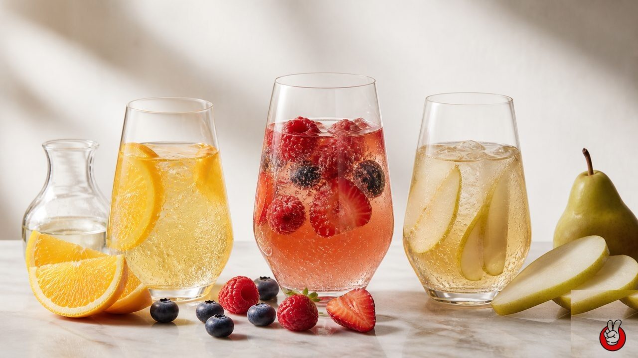 Three finished premium sparkling beverages built around citrus, berry, and orchard-fruit profiles. Original CUIGUAI Flavor editorial image for this technical article.